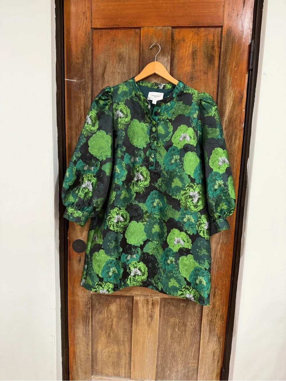 Green Floral Puff-Sleeve Tunic with Button Front